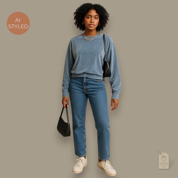 ZARA Blue Velour Drop Shoulder Pullover Sweatshirt L - Picture 1 of 5